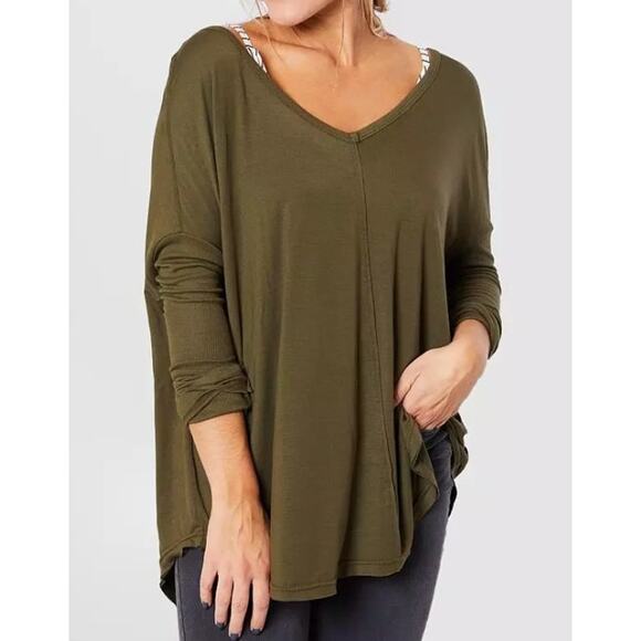 Free People Top Moonshine Tunic Oversized Olive Green Slouchy Boho Jersey Knit - Picture 1 of 8